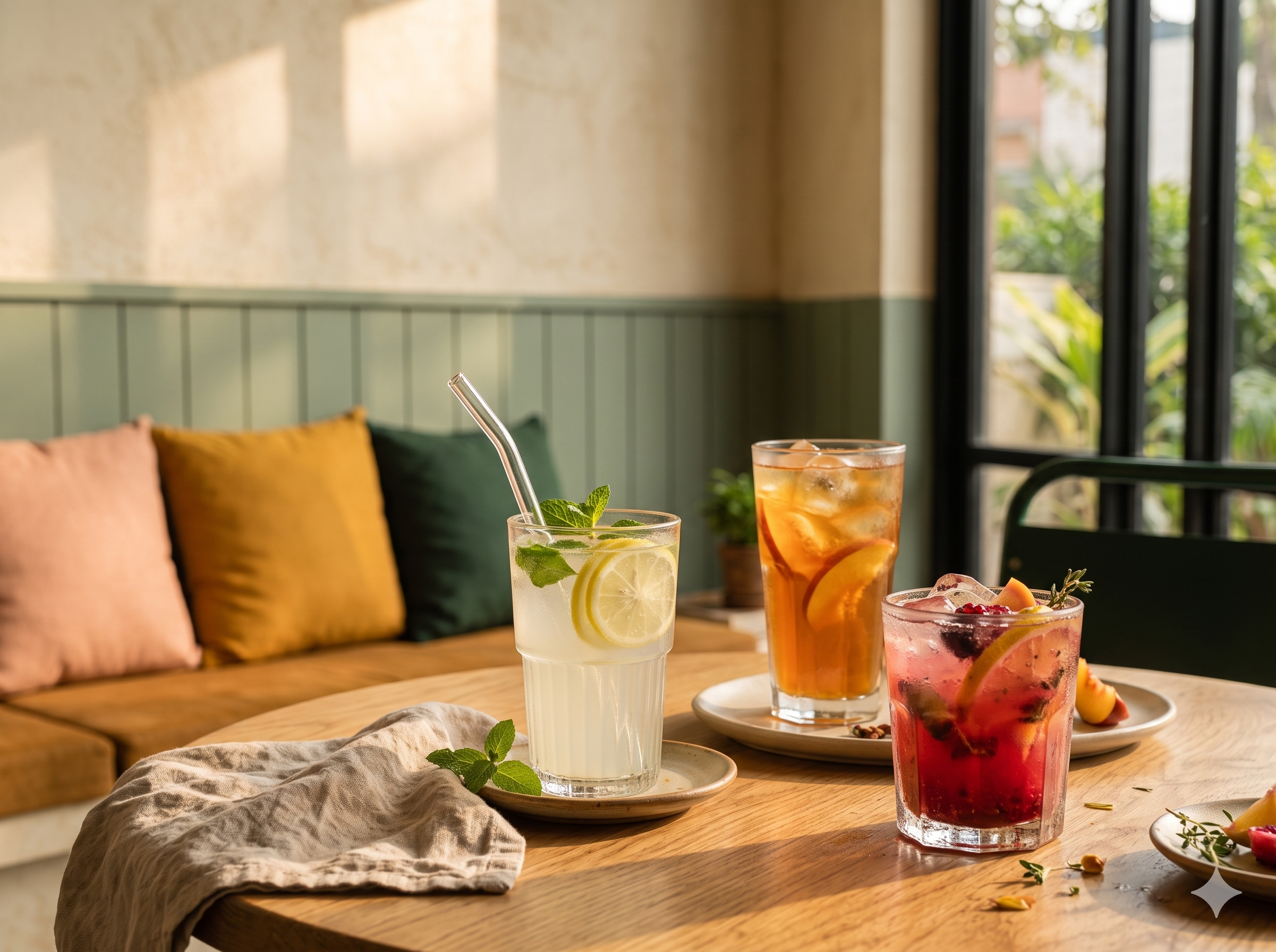 Refreshing lemonade, iced tea and fruit cooler